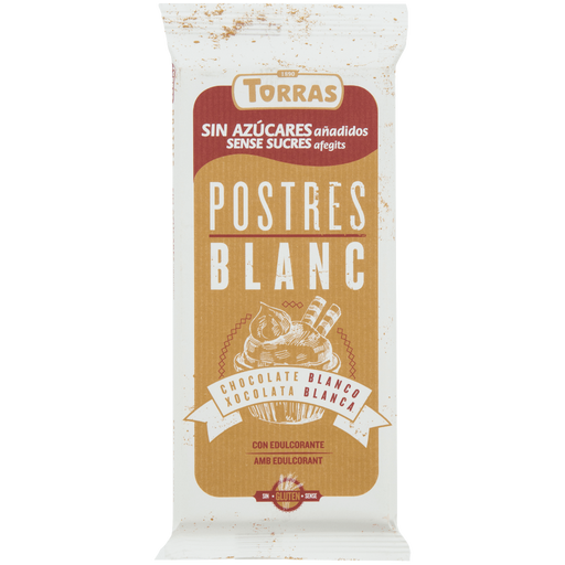 Packaging of Torras Postres Blanc chocolate bar on a white background