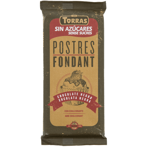 Torras Postres Fondant chocolate bar packaging on a black background