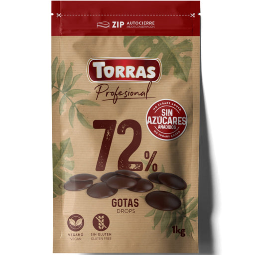 Torras chocolate drops packaging with 72% cocoa content on a white background