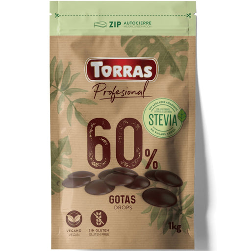 Torras chocolate drops packaging with stevia label on a white background