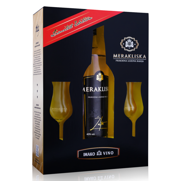 Gift box Merakliska Lozova Rakija, Žolta 1L with 2 glasses - Imako Vino